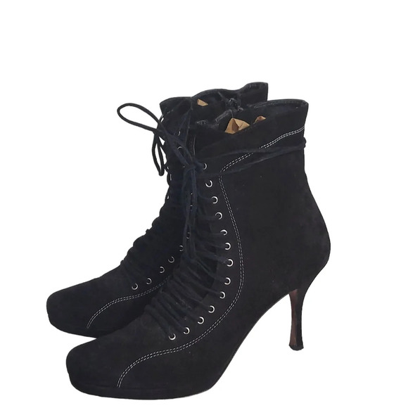 Vintage 90's Y2K Black Suede Platform Lace Up Boots Goth Witchcore Sexy - Picture 2 of 16